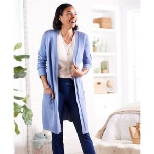 Belle by Kim Gravel Feather Knit Sweater Duster Cardigan Periwinkle Blue  Petite